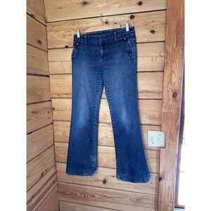 Gap Hip Slungit Blue Denim Low Rise Flare Jeans Distressed Raw Hem